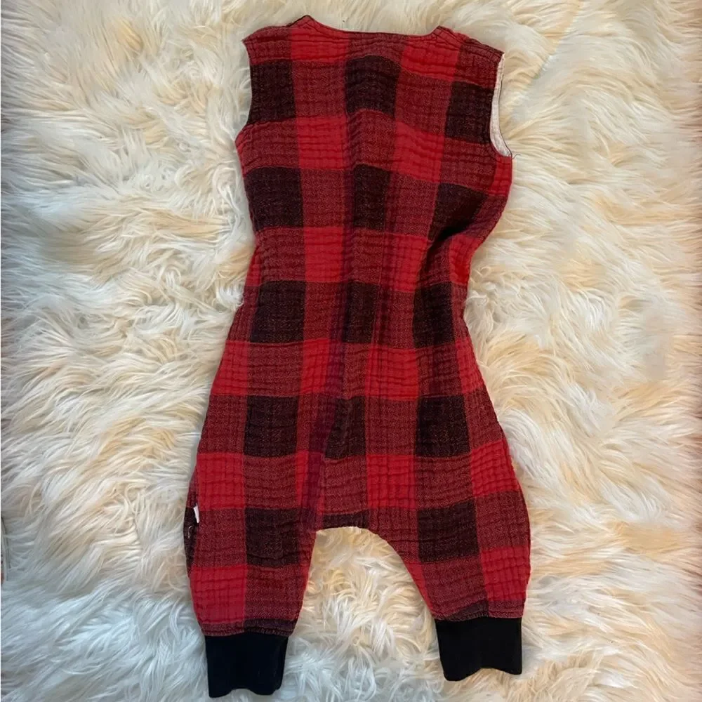 Little Unicorn Red/Black Plaid Sleeveless Zipper Onesie Jumpsuit | SZ 12-18M